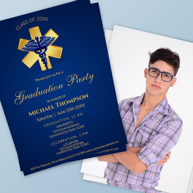 Blue Medical Caduceus Gold Cross Graduation Photo Invitation (Creator Uploaded)