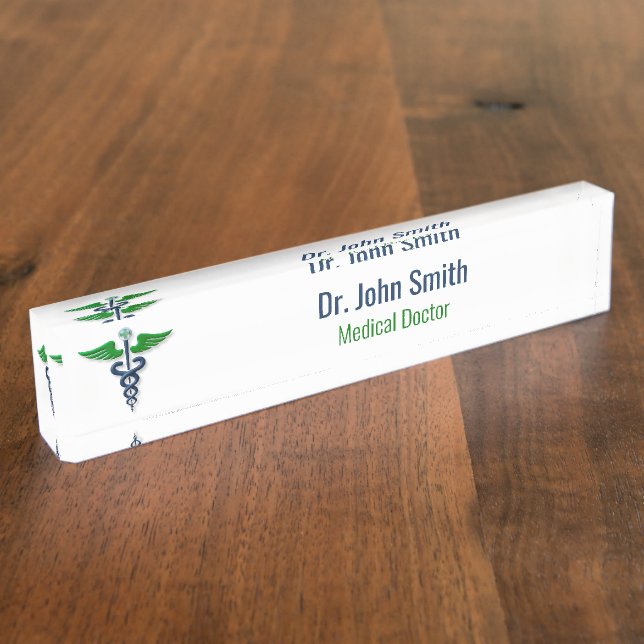 Blue Medical Caduceus Green Stylish Wings Cross Nameplate (Side)