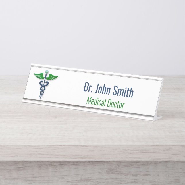 Blue Medical Caduceus Green Wings Cross Stylish Desk Name Plate (Front)
