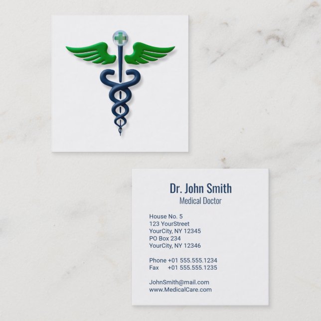 Blue Medical Caduceus Green Wings Stylish Cross Square Business Card (Front/Back)