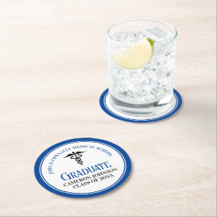 Blue Medical School Graduation Party Personalized Round Paper Coaster