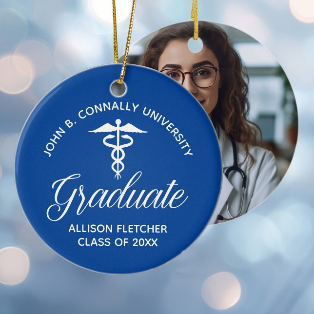 Blue Medical School Graduation Photo Christmas Ceramic Ornament (Creator Uploaded)