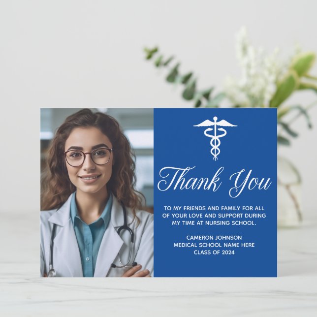 Blue Medical School Graduation Photo Custom Thank You Card (Standing Front)