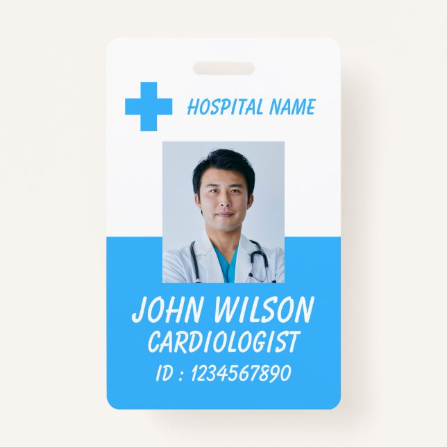 Blue Medical Staff Photo Badge Template ID Badge (Front)