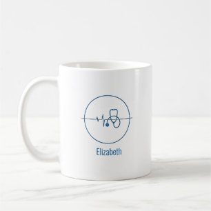Blue Medical Stethoscope Heartbeat Custom Name Coffee Mug