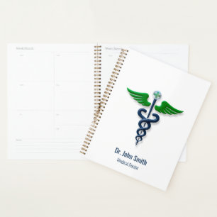Blue Medical Stylish Caduceus Green Wings Cross Planner
