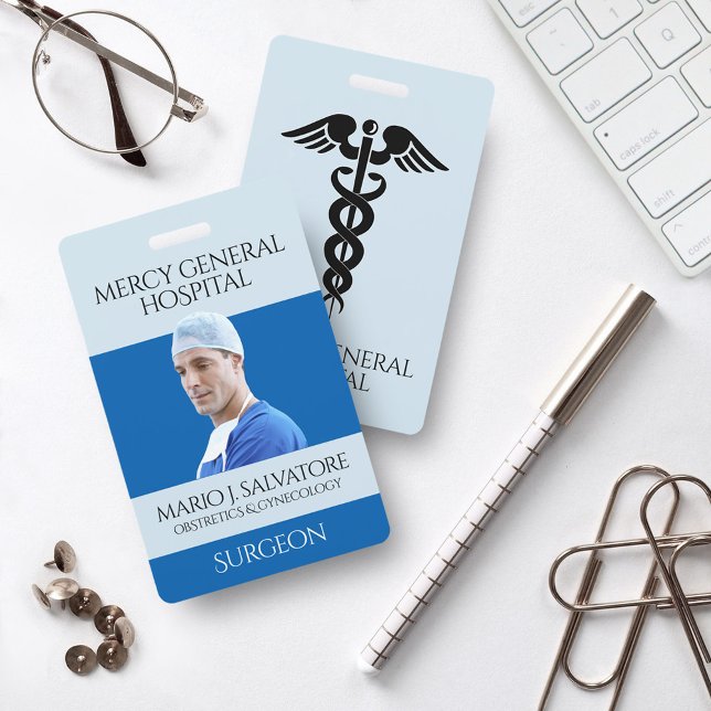 Blue Medical Surgeon Doctor Caduceus Hospital ID Badge (Blue Medical Staff Photo ID Badge Cover Photo.)