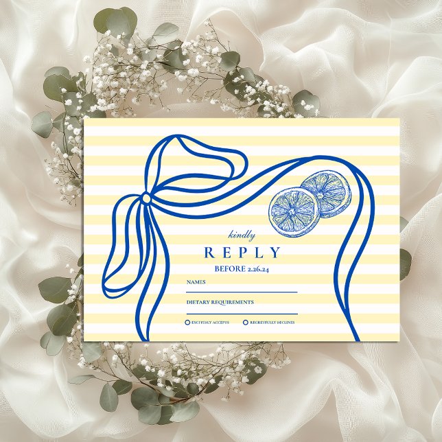 Blue  Mediteranean Bow Citrus Stripe Wedding RSVP Card (Creator Uploaded)