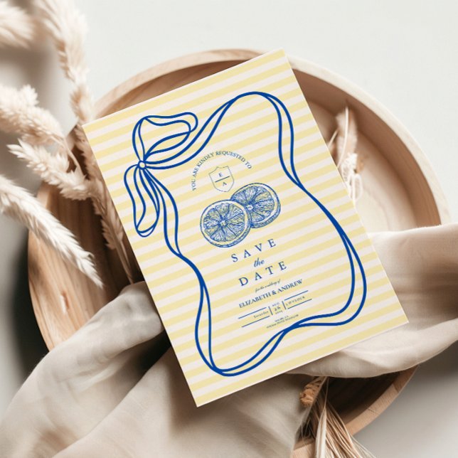 Blue  Mediteranean Bow Citrus Stripe Wedding Save The Date (Creator Uploaded)