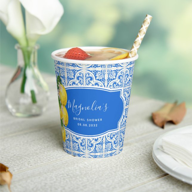 Blue Mediterranean Citrus Lemon Bridal Shower Paper Cups (Insitu)
