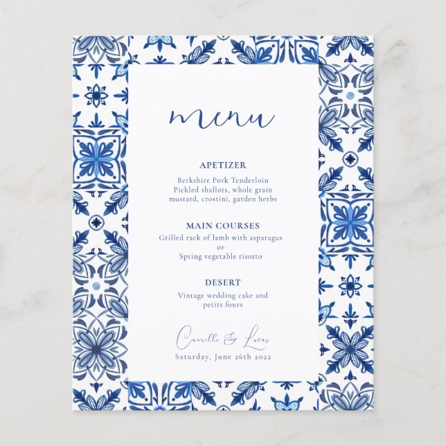 Blue Mediterranean citrus wedding menu (Front)