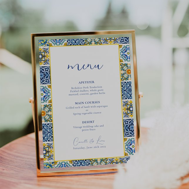 Blue Mediterranean citrus wedding menu (Creator Uploaded)