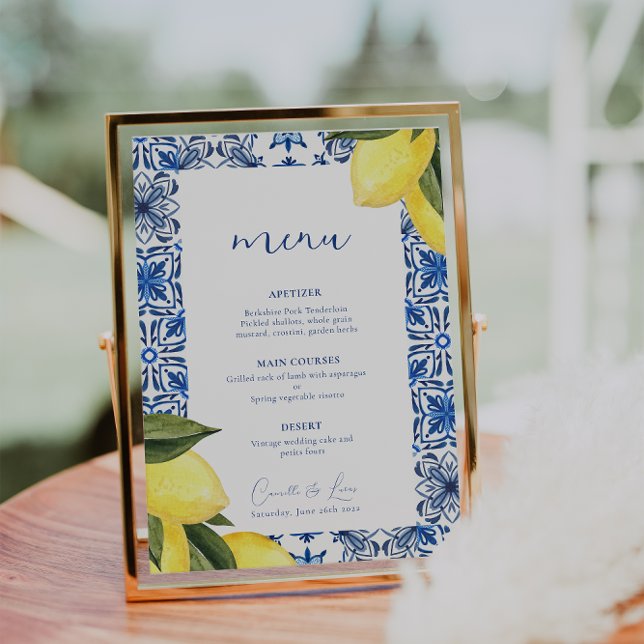 Blue Mediterranean citrus wedding menu (Creator Uploaded)