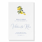 Blue Mediterranean citrus wedding welcome sign
