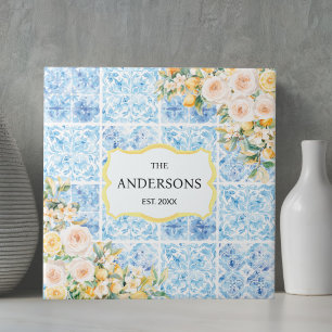 Blue Mediterranean Flower Lemon Custom Family Name Ceramic Tile