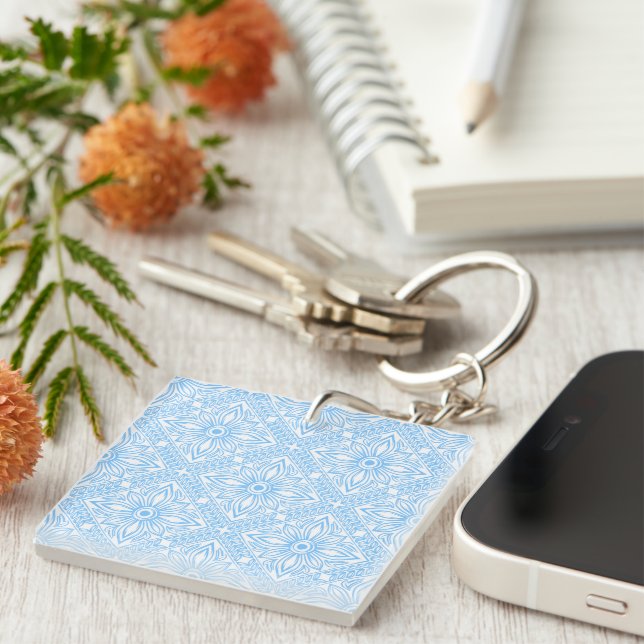 Blue Mediterranean Italian Tile Decorative Pattern Key Ring (Front Right)
