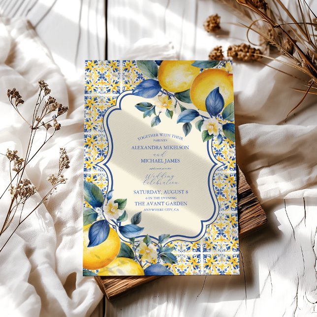 Blue Mediterranean Italian Tile & Lemon Wedding Invitation (Creator Uploaded)