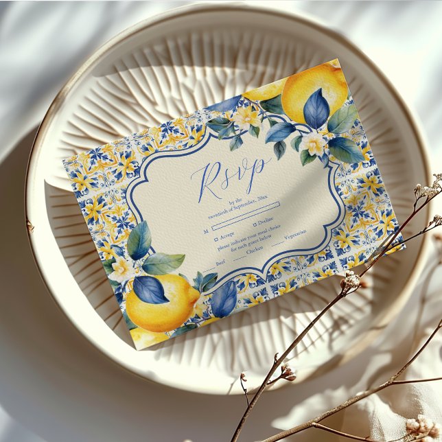 Blue Mediterranean Italian Tile & Lemon Wedding RSVP Card (Creator Uploaded)