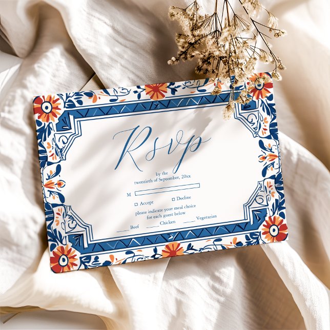 Blue Mediterranean Italian Tile  Wedding RSVP Card (Creator Uploaded)