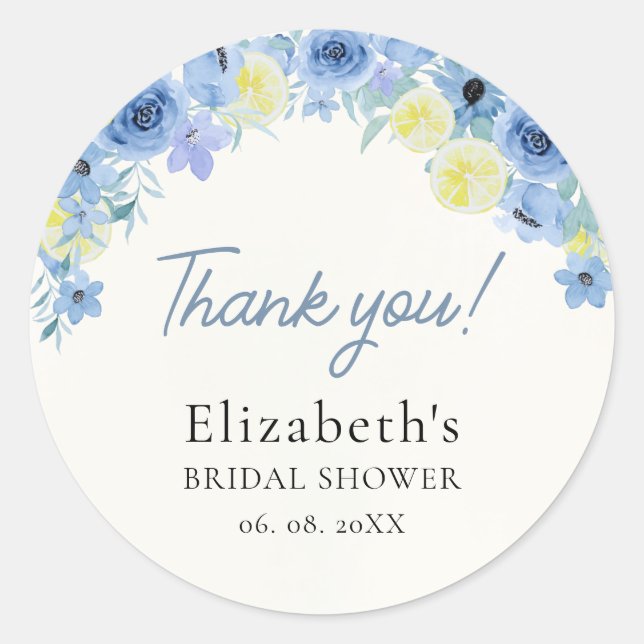Blue Mediterranean Lemon Bridal shower Classic Round Sticker (Front)
