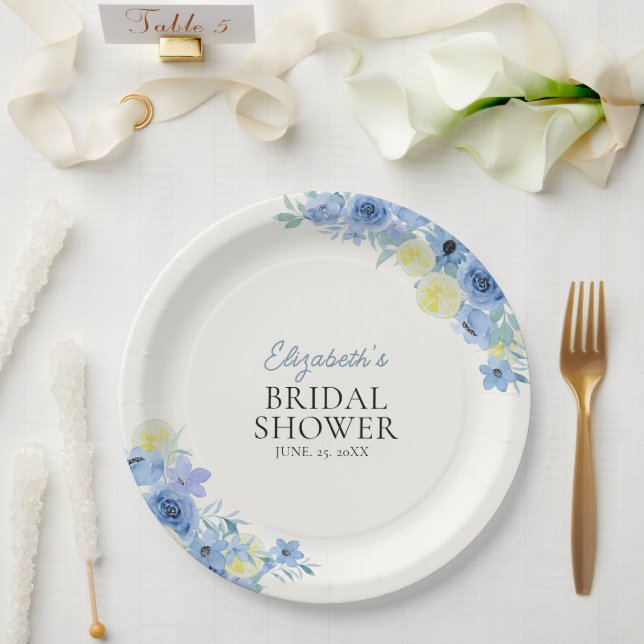 Blue Mediterranean Lemon Bridal shower Paper Plate (Wedding)