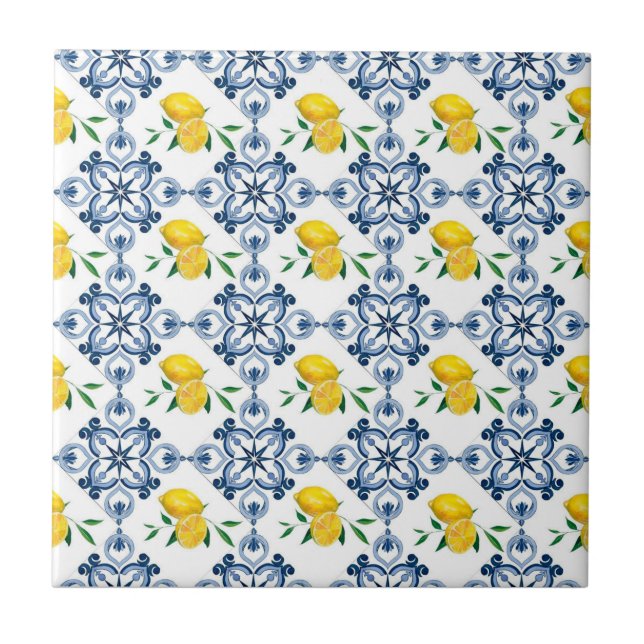 Blue Mediterranean lemon Ceramic Tile (Front)