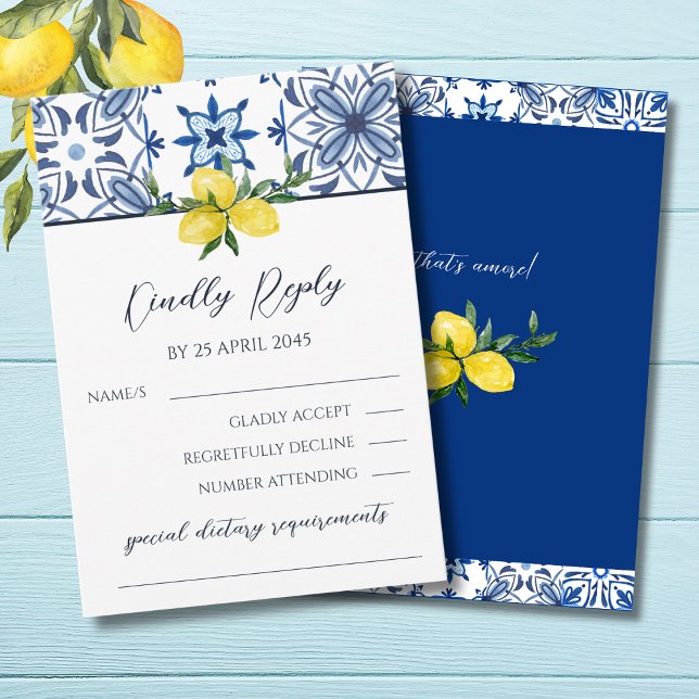 Blue Mediterranean Lemon Italian Wedding RSVP Card (Creator Uploaded)