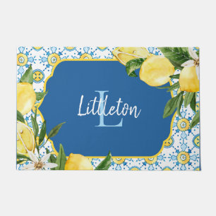 Blue Mediterranean Lemon Monogram Custom New Home Doormat