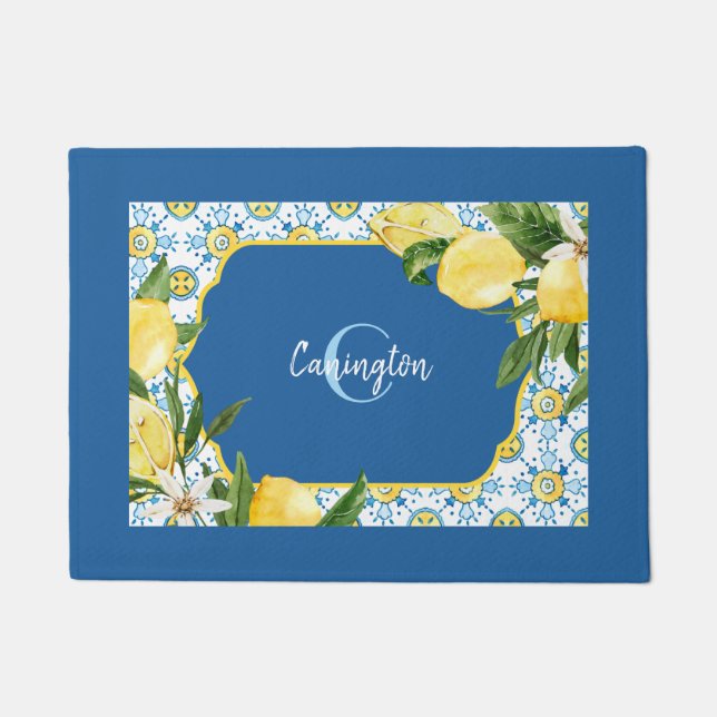 Blue Mediterranean Lemon Name New Home Doormat (Front)