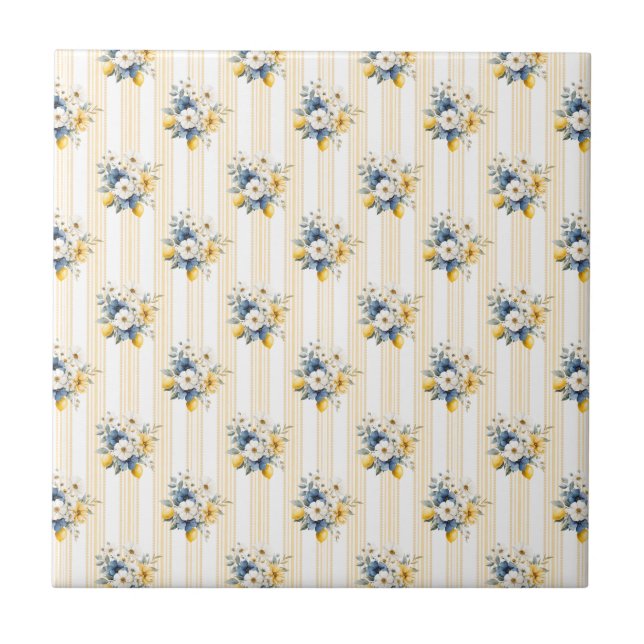 Blue Mediterranean Lemon Pattern Ceramic Tile (Front)