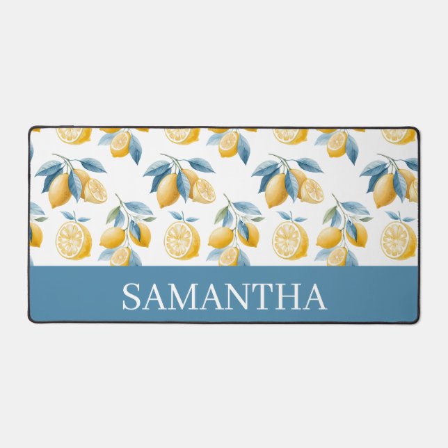 Blue Mediterranean Lemon Pattern Name Desk Mat (Front)