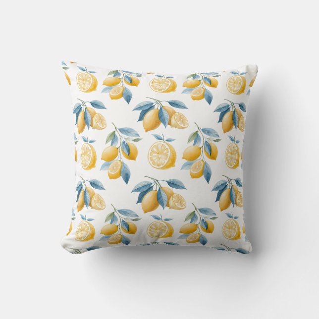 Blue Mediterranean Lemon Pattern Throw Pillow (Front)
