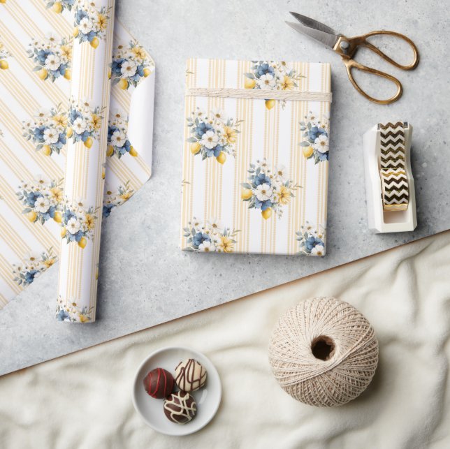 Blue Mediterranean Lemon Pattern Wrapping Paper (Crafts)