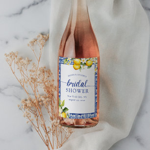 Blue Mediterranean Lemons Bridal Shower Wine Label