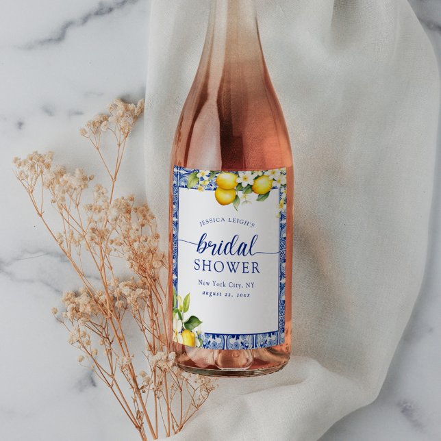 Blue Mediterranean Lemons Bridal Shower Wine Label (Creator Uploaded)