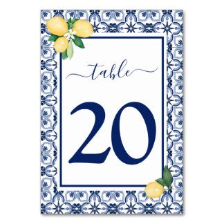 Blue Mediterranean Lemons Citrus Wedding Table Number