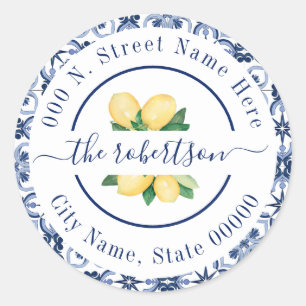 Blue Mediterranean Lemons Return Address Classic Round Sticker