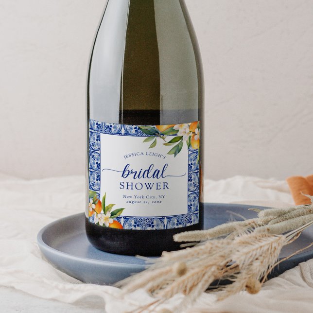 Blue Mediterranean Oranges Bridal Shower Sparkling Wine Label (Creator Uploaded)