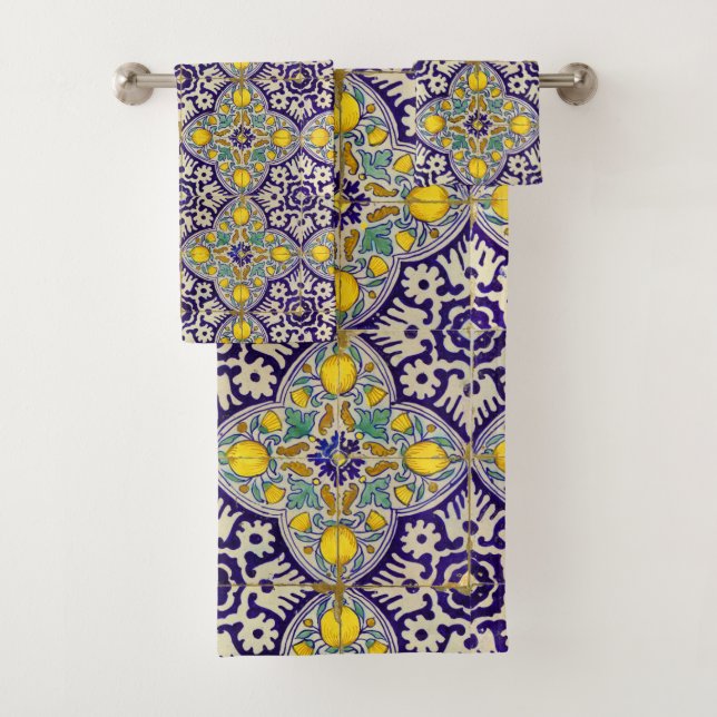 Blue Mediterranean Pattern Yellow Blossoms Bath Towel Set (Insitu)