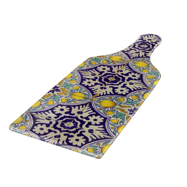 Blue Mediterranean Pattern Yellow Blossoms  Cutting Board (Corner)