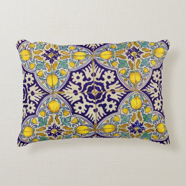 Blue Mediterranean Pattern Yellow Blossoms Decorative Cushion (Front)