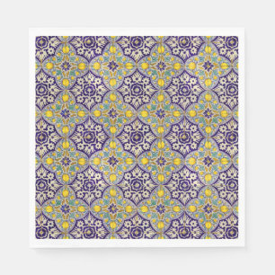 Blue Mediterranean Pattern Yellow Blossoms  Napkin