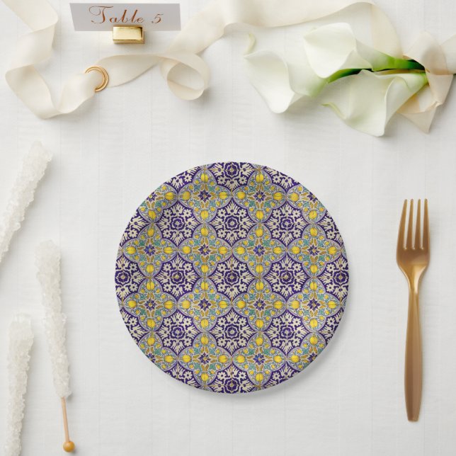 Blue Mediterranean Pattern Yellow Blossoms Paper Plate (Wedding)