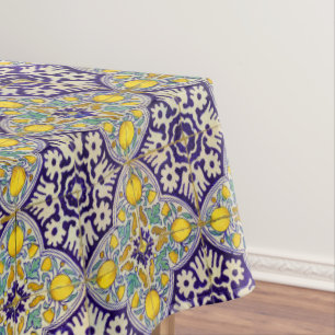 Blue Mediterranean Pattern Yellow Blossoms Tablecloth