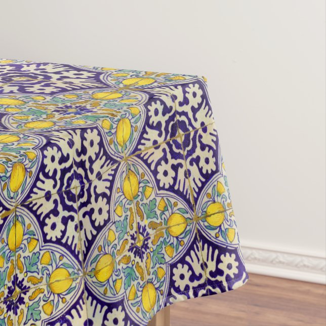 Blue Mediterranean Pattern Yellow Blossoms  Tablecloth (In Situ)
