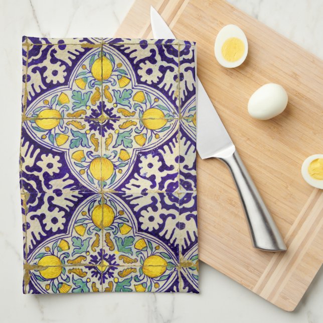 Blue Mediterranean Pattern Yellow Blossoms  Tea Towel (Quarter Fold)