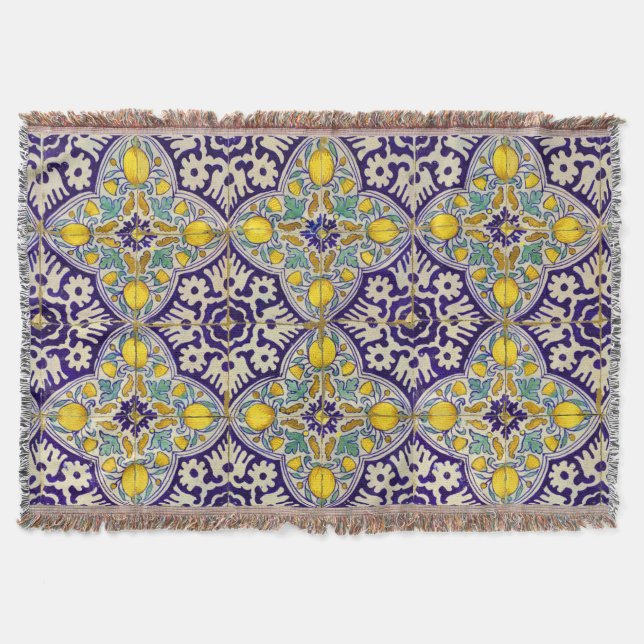 Blue Mediterranean Pattern Yellow Blossoms  Throw Blanket (Front)