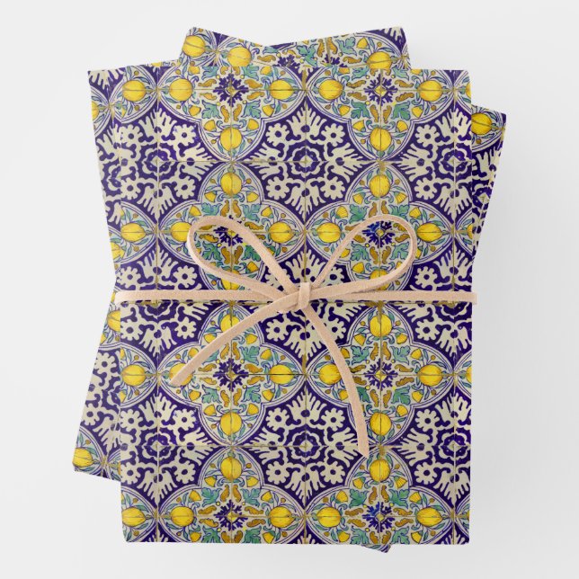 Blue Mediterranean Pattern Yellow Blossoms   Wrapping Paper Sheet (In situ)
