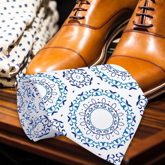 Blue Mediterranean Portuguese Azulejo Tile Pattern Tie (Creator Uploaded)