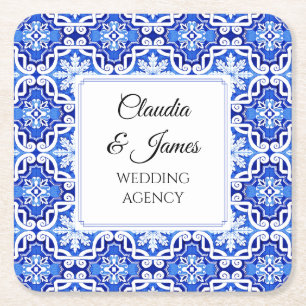 Blue Mediterranean Portuguese Azulejo Watercolor  Square Paper Coaster